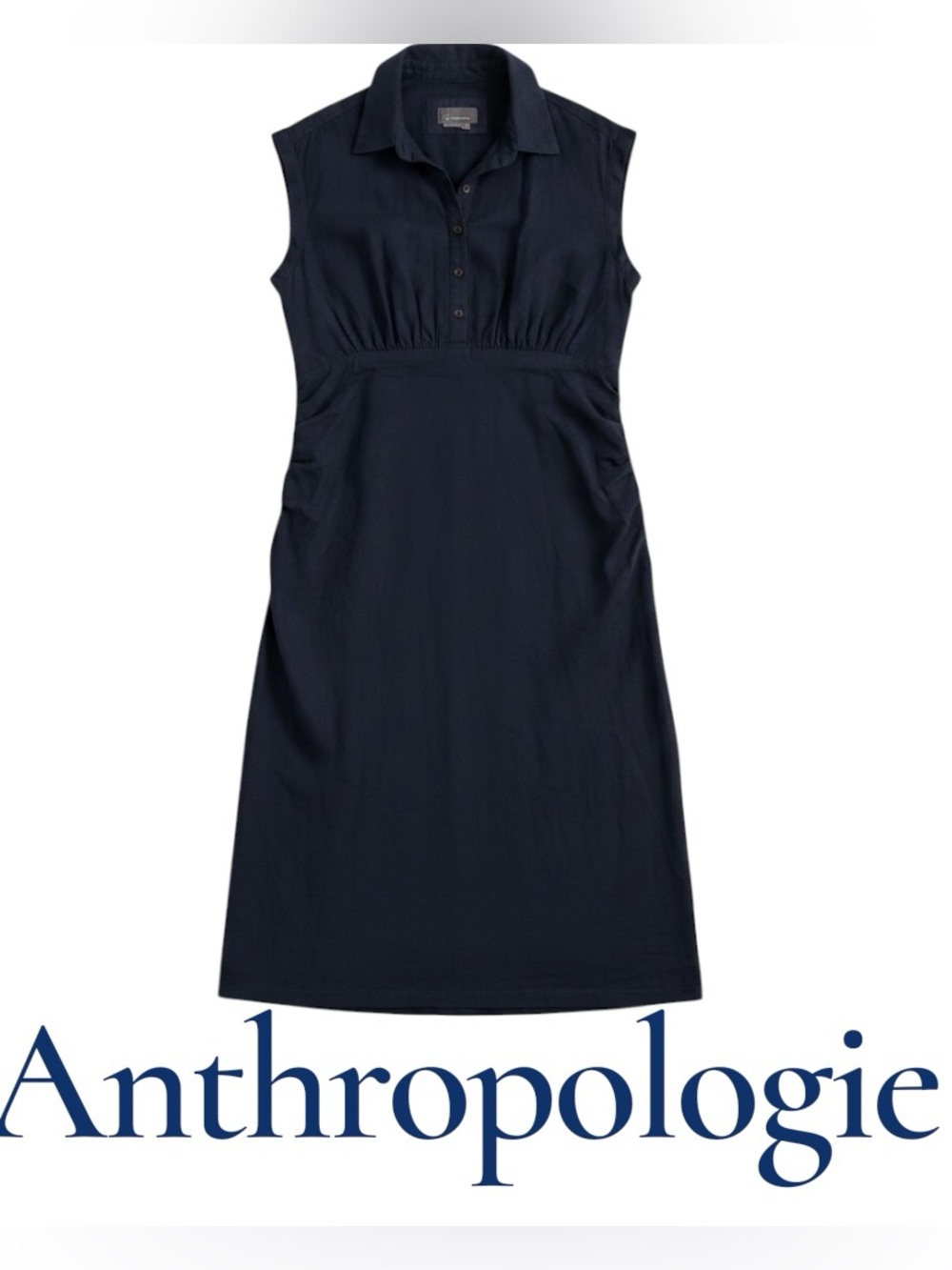 Anthropologie Cap Sleeve Navy Linen Blend Button-Front Dress